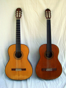 Classical guitars, "Susana," 1989 (left); "Oksana," 2005 fretless (right)